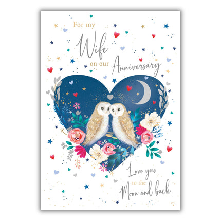 Our Anniversary Card - For Wife - Owls in a Floral Love Heart Design - 9 x 6 - Premium Quality Special Anniversary Greeting Card with Envelope