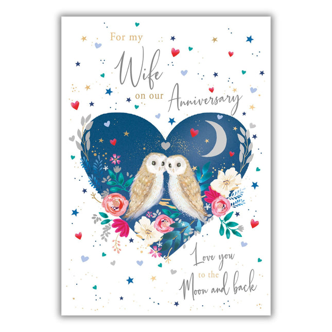 Our Anniversary Card - For Wife - Owls in a Floral Love Heart Design - 9 x 6 - Premium Quality Special Anniversary Greeting Card with Envelope