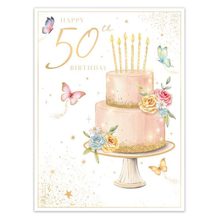 50th Birthday Card for Her - Floral Cake & Butterflies Design with Embossed Foil Finish, Eco-Friendly & Made in the UK