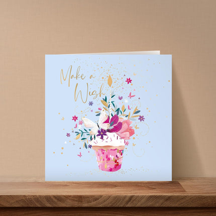 Birthday Card for Women - Pretty Cupcake, Flowers & Butterfly Design - Embossed Gold Foil Finish - Premium Special Birthday Greeting Card with Envelope for Her