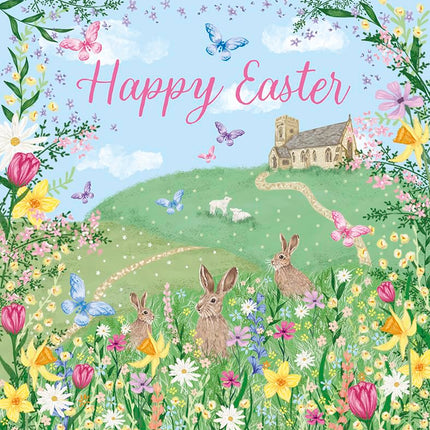Easter Greeting Cards Pack of 6 - Happy Easter Cards with 2 Assorted Spring Countryside Designs - Church, Rabbits and Lambs - General Multipack for Family, Friends and Children - 127 x 127mm