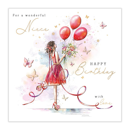 Birthday Card for Niece - Pretty Floral Butterflies & Balloons Design - Embossed Gold Foil Finish - Premium Greeting Card with Envelope