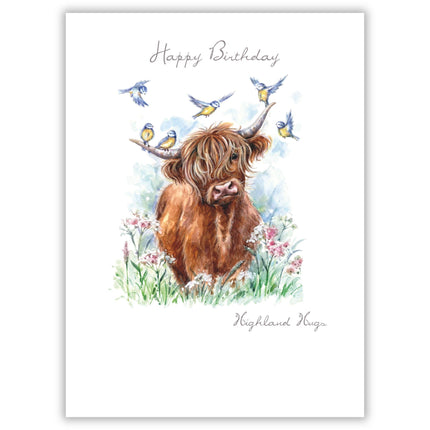 Birthday Card for Her - Artistic Highland Cow and Birds Watercolour Design - Happy Birthday Card for Mum, Sister, Friend or Female Family Member - Embossed Foil Finish