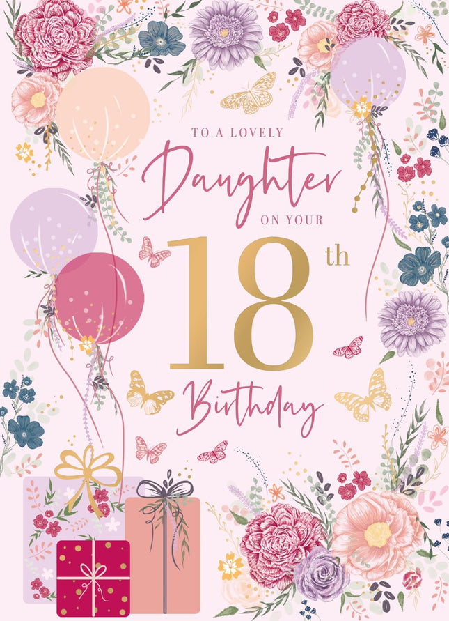 18th Birthday Card for a Lovely Daughter, Pretty Floral Balloons