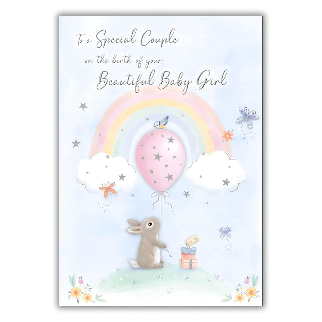 New Baby Girl Birth Congratulations Card - To a Special Couple - Cute Artistic Rabbit and Rainbow Design - Made in the UK - Eco-Friendly