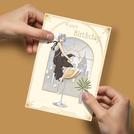 Birthday Card for Women - Glamorous Art Deco Cocktail Design - Embossed Gold Foil Finish - Premium Greeting Card with Envelope