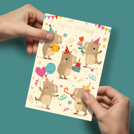 Birthday Card for Women or Girls - Cute Capybara Party Design - Embossed Gold Foil Finish - Premium Greeting Card with Envelope