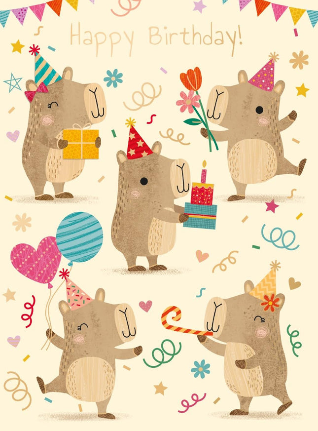 Birthday Card for Women or Girls - Cute Capybara Party Design - Embossed Gold Foil Finish - Premium Greeting Card with Envelope