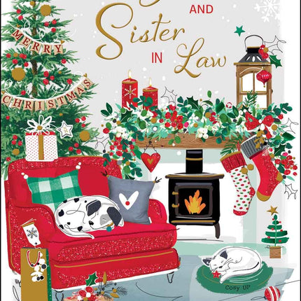 Brother and Sister-in-Law Christmas Card - Cosy Festive Lounge - Contemporary Artistic Festive Design - Special Finishes and Illustrated Insert Leaf - Made in the UK