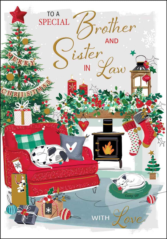 Brother and Sister-in-Law Christmas Card - Cosy Festive Lounge - Contemporary Artistic Festive Design - Special Finishes and Illustrated Insert Leaf - Made in the UK