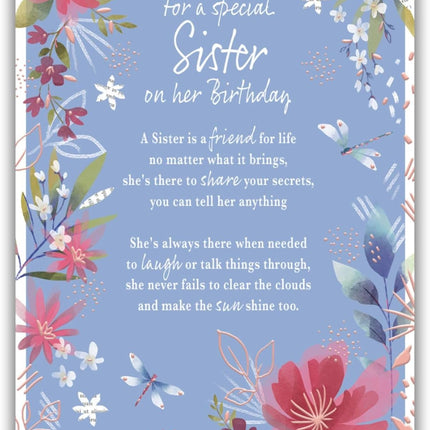 Birthday Card for Sister – Sentimental Floral & Dragonfly Design