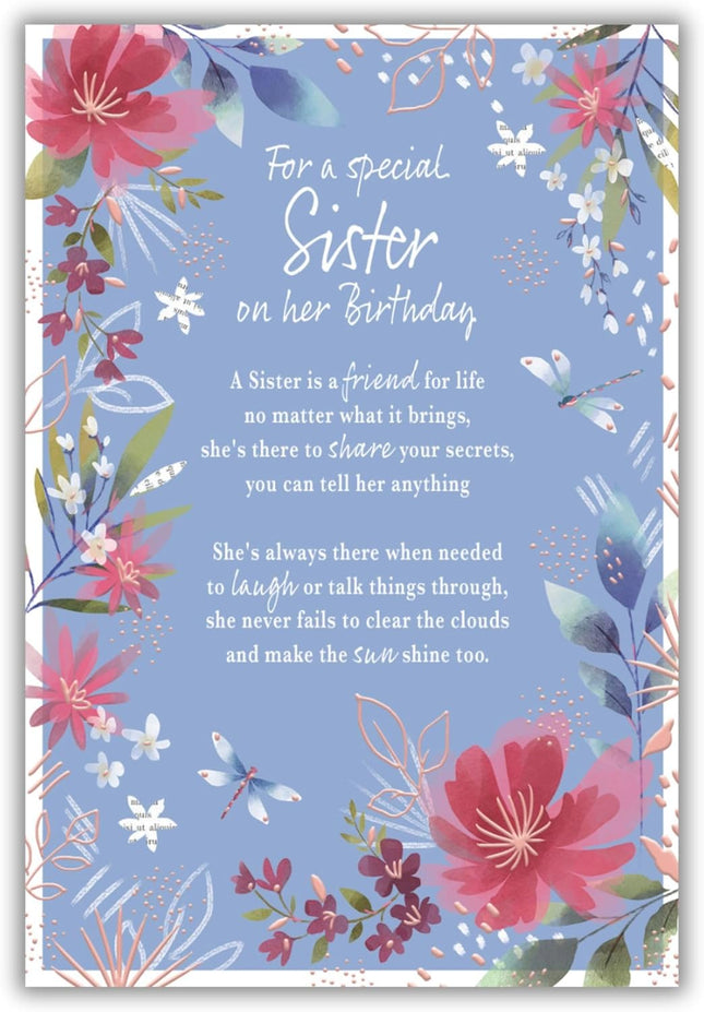 Birthday Card for Sister – Sentimental Floral & Dragonfly Design