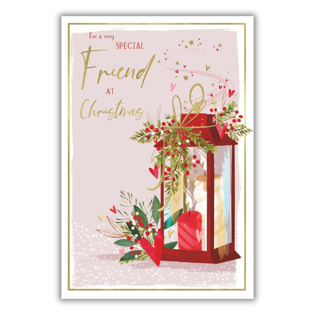 IC&G Christmas Card for Friend - Festive Lantern - Embossed Foil & Flitter Finish - Premium Quality Special Christmas Greeting Card with Envelope