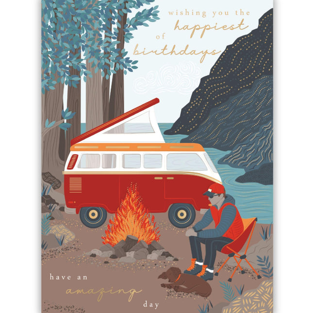 Birthday Card - Contemporary Camper Van Adventure Scene - Great Outdoors - Happy Birthday Greeting Card for Men