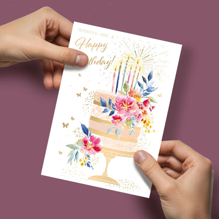 Birthday Card for Women - Pretty Floral Cake & Butterflies Design - Embossed Gold Foil Finish - Premium Greeting Card with Envelope
