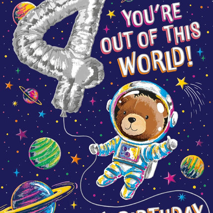 4th Birthday Card for Boys - Age 4 Fun Space Design - Embossed Silver Foil Finish - Premium Greeting Card with Envelope