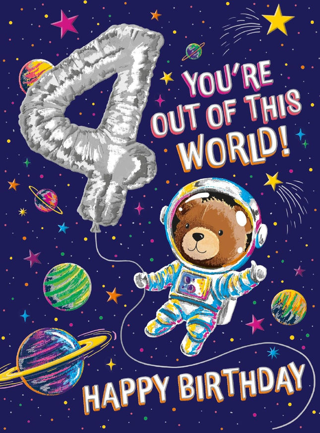 4th Birthday Card for Boys - Age 4 Fun Space Design - Embossed Silver Foil Finish - Premium Greeting Card with Envelope
