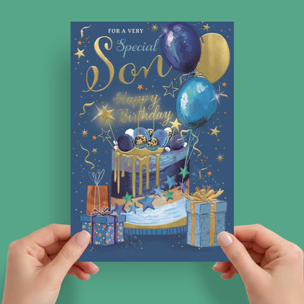 Birthday Card for a Very Special Son, Cake and Balloon Design