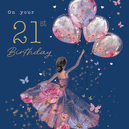 21st Birthday Card for Granddaughter - Age 21 Pretty Girl & Floral Balloons Design - Premium Greeting Card with Envelope