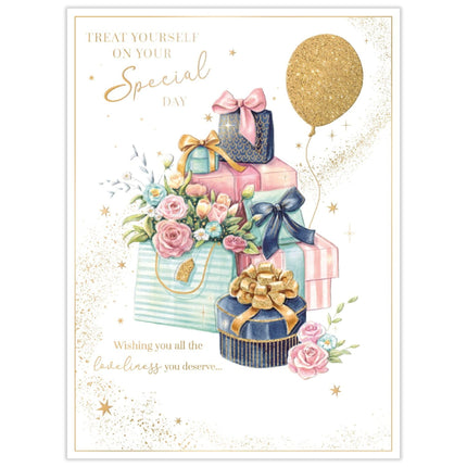 Birthday Card for Women - Pretty Flowers, Presents & Balloon Design - Embossed Gold Foil Finish - Premium Birthday Greeting Card with Envelope for Her