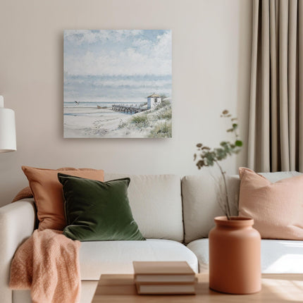 Artistic Seascape Canvas Wall Art - 'The Old Jetty II' by Richard Macneil - Nautical Themed Artwork - Ready to Hang Coastal Home Décor - 40cm x 40cm