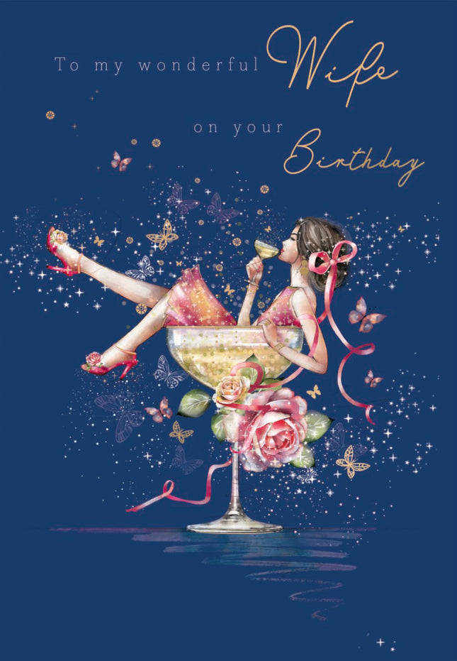 Birthday Card for Wife - Pretty Floral Cocktail Design - Premium Greeting Card with Envelope