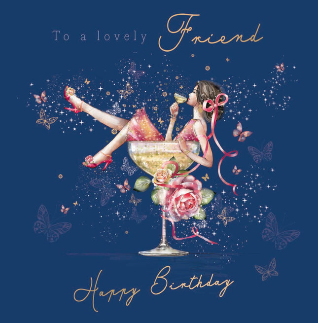 Birthday Card for Lovely Friend - Pretty Floral Cocktail Design - Premium Greeting Card for Her with Envelope