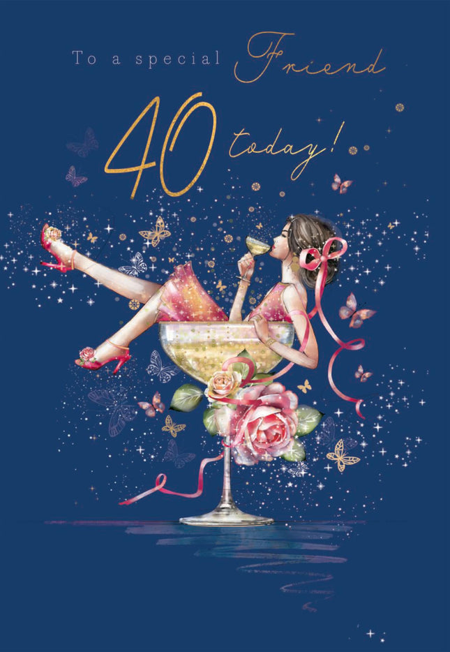 40th Birthday Card for Special Friend - Age 40 Pretty Floral Cocktail Design - Premium Greeting Card for Her with Envelope