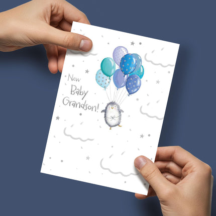 New Baby Grandson Congratulations Card - Cute Penguin & Balloons with Embossed Foil Finish, Eco-Friendly & Made in the UK