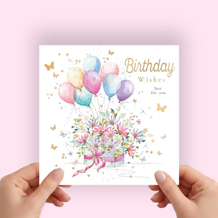Birthday Card for Her, Floral Balloon Bouquet, Embossed Foil