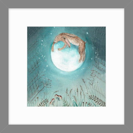 Hare and Moon Framed Print Wall Art - Contemporary Animal Themed Home Decor - Sarah Reilly Artwork - Ready to Hang 'Hugging the Moon' Painting - 43.5 x 43.5cm