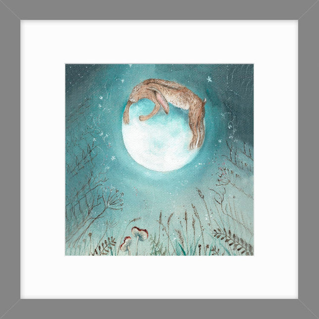 Hare and Moon Framed Print Wall Art - Contemporary Animal Themed Home Decor - Sarah Reilly Artwork - Ready to Hang 'Hugging the Moon' Painting - 43.5 x 43.5cm