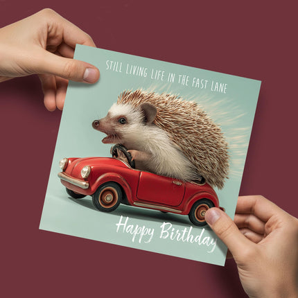 Funny Birthday Card for Men or Women - Amusing Hedgehog & Classic Car Design - Premium Greeting Card with Envelope - Eco-Friendly & Recyclable