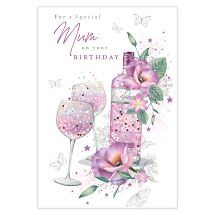 Birthday Card for Mum - Pretty Floral Wine Design - Premium Greeting Card with Envelope