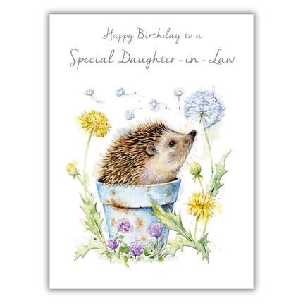 Daughter in Law Birthday Card - Cute Hedgehog and Floral Wildflower Design - Happy Birthday Card to a Special Daughter in Law - For Her