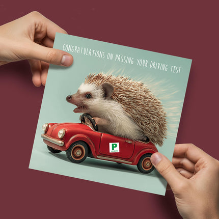 Funny Congratulations on Passing Your Driving Test Card - Cute Hedgehog in Classic Car Design - Premium Greeting Card with Envelope