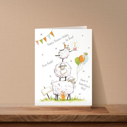 Funny Birthday Card for Men or Women - Amusing Sheep & Balloons Design - Embossed Silver Foil Finish - Premium Greeting Card with Envelope
