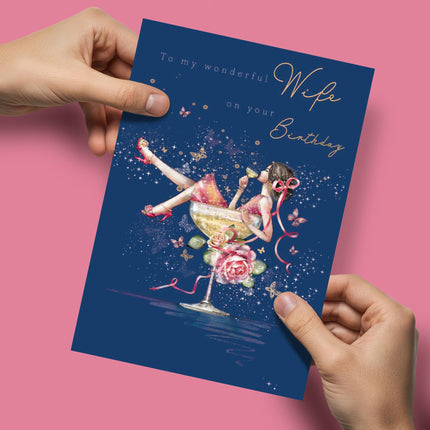 Birthday Card for Wife - Pretty Floral Cocktail Design - Premium Greeting Card with Envelope