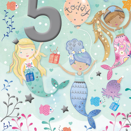 Girls 5th Birthday Card - Pretty Mermaid Party Design - 8.7 x 6 in - Cute Age 5 Happy Birthday Card for Daughter, Sister, Niece, Friend or Female Family Member