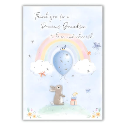 Thank You For A Baby Grandson Card - To Love and Treasure - Cute Rabbit and Rainbow Artistic Design - Made in the UK - Eco-Friendly