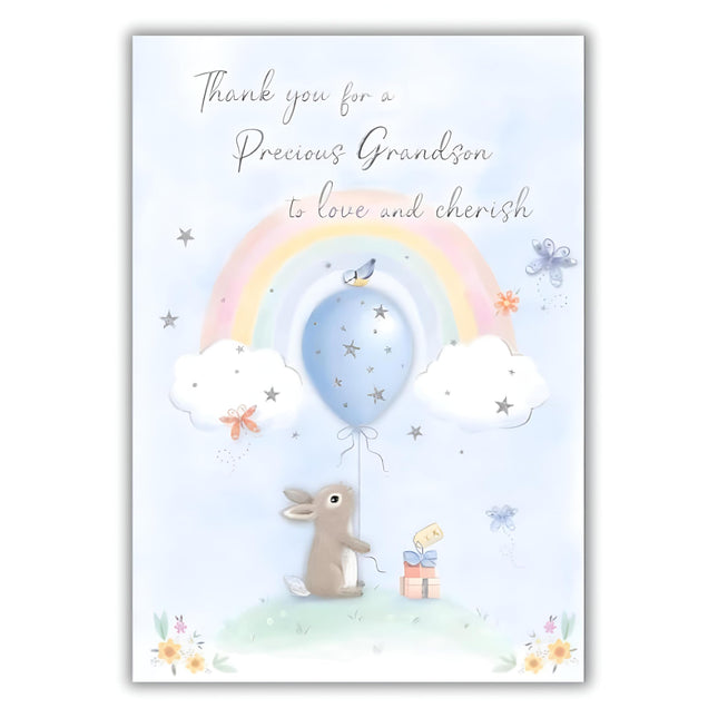 Thank You For A Baby Grandson Card - To Love and Treasure - Cute Rabbit and Rainbow Artistic Design - Made in the UK - Eco-Friendly