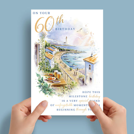 60th Birthday Card for Him - Coastal Harbour Design with Foil Finish & Illustrated Inner, Eco-Friendly & Made in the UK, Greeting Card with Envelope