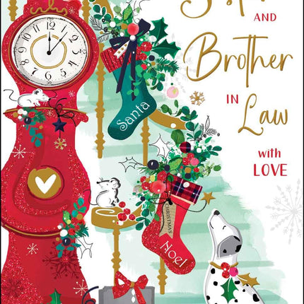 Sister and Brother-in-Law Christmas Card - Dalmatian Dog and Festive Staircase - Contemporary Artistic Design - Special Finishes and Illustrated Insert Leaf - Made in the UK