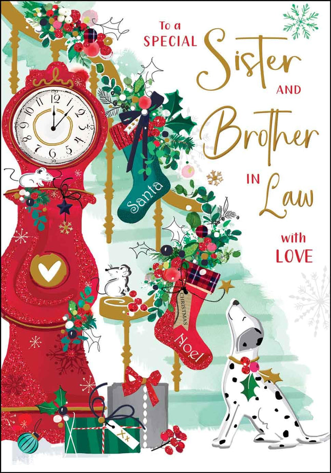 Sister and Brother-in-Law Christmas Card - Dalmatian Dog and Festive Staircase - Contemporary Artistic Design - Special Finishes and Illustrated Insert Leaf - Made in the UK