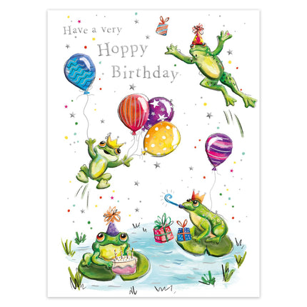 Birthday Card for Men, Women, Boys or Girls - Fun Frog Party Design - Embossed Gold Foil Finish - Hoppy Birthday Premium Greeting Card with Envelope