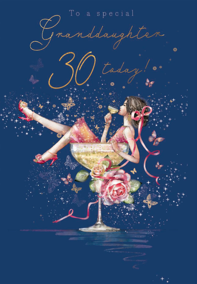30th Birthday Card for Granddaughter - Age 30 Pretty Floral Cocktail Design - Premium Greeting Card with Envelope