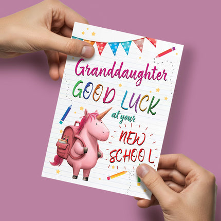 Good Luck at Your New School Card for Granddaughter - Cute Unicorn Design - Premium Greeting Card with Envelope - Eco-Friendly & Recyclable
