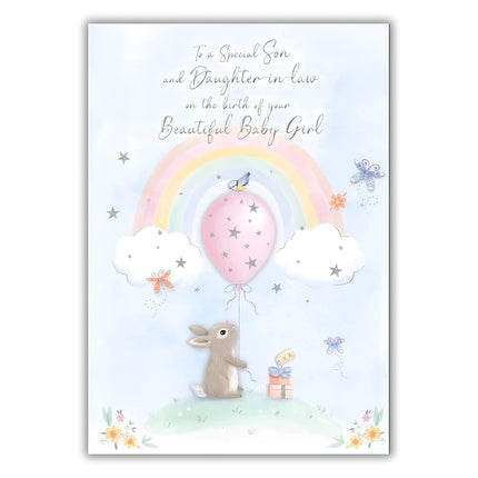 Special Son and Daughter-in-Law Birth of Baby Girl Card - Congratulations - Cute Artistic Rabbit and Rainbow Design - Made in the UK - Eco-Friendly