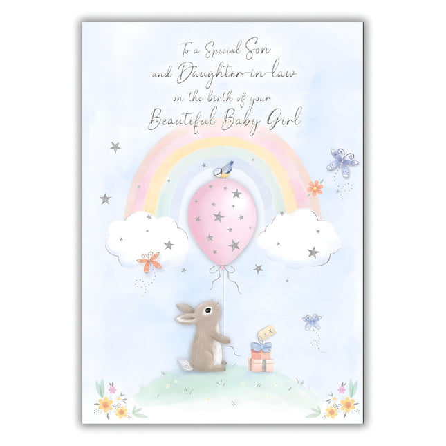 Special Son and Daughter-in-Law Birth of Baby Girl Card - Congratulations - Cute Artistic Rabbit and Rainbow Design - Made in the UK - Eco-Friendly