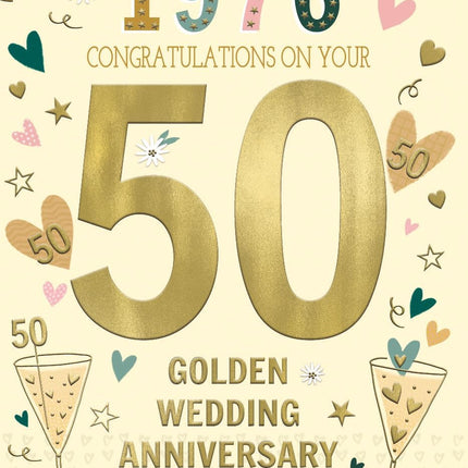 Golden Anniversary Card – Champagne, Love Hearts & 1976 Design